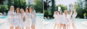 Bridal party popping champagne by the pool at park winters 